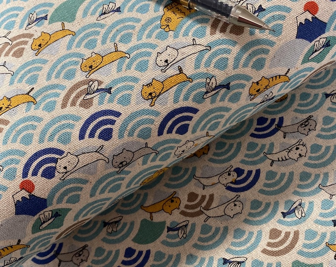 Swimming with Cats! Aqua and cream linen blend