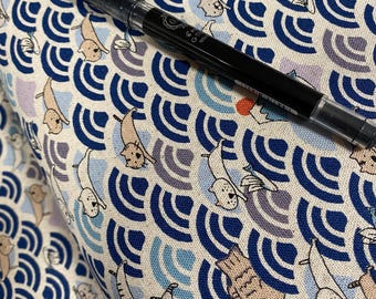 Swimming with Cats! Blues and cream linen blend