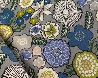 Flowers colour burst - Grey background - Japanese Linen/Cotton - fabric by the 1/4mtr