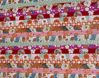 Flowers in stripes, Tangerine, textured Dobby Shantung Japanese Cotton