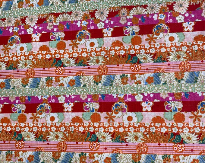 Flowers in stripes, Tangerine, textured Dobby Shantung Japanese Cotton
