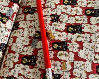 Lucky Cats on red  linen blend