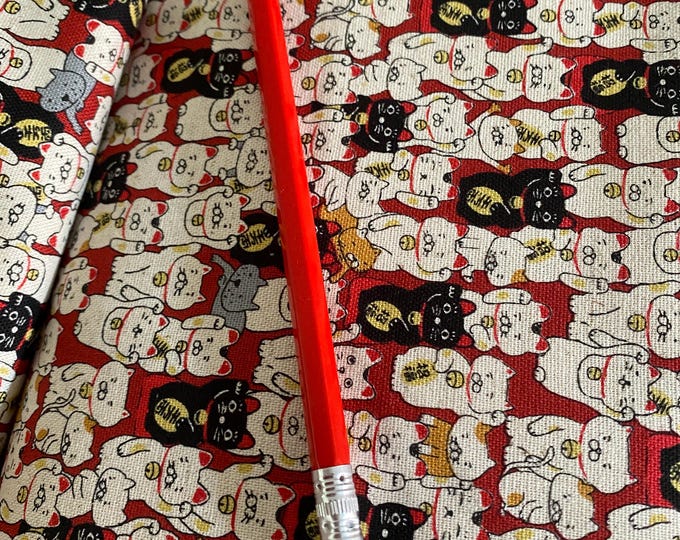 Lucky Cats on red  linen blend