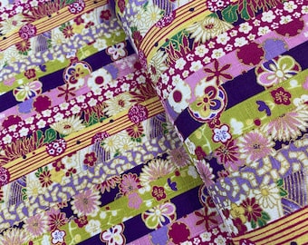 Flowers in stripes, Purple, textured Dobby Shantung Japanese Cotton