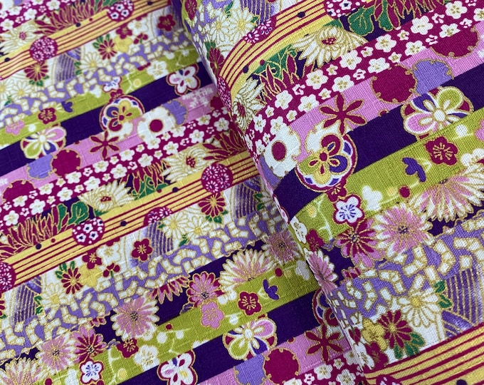 Flowers in stripes, Purple, textured Dobby Shantung Japanese Cotton