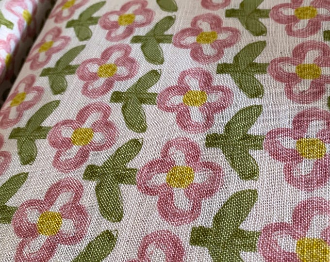 Daisy Days chalk stripe style flowers, pink on a cream background background - Japanese Cotton - fabric by the 1/4mtr