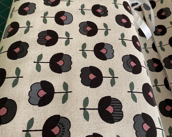 Flower rows - greys/pink  Japanese Linen/Cotton - fabric by the 1/4mtr