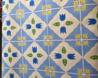 Blue Tulip Tiles  - Oxford Cloth - Japanese Cotton - fabric by the 1/4mtr