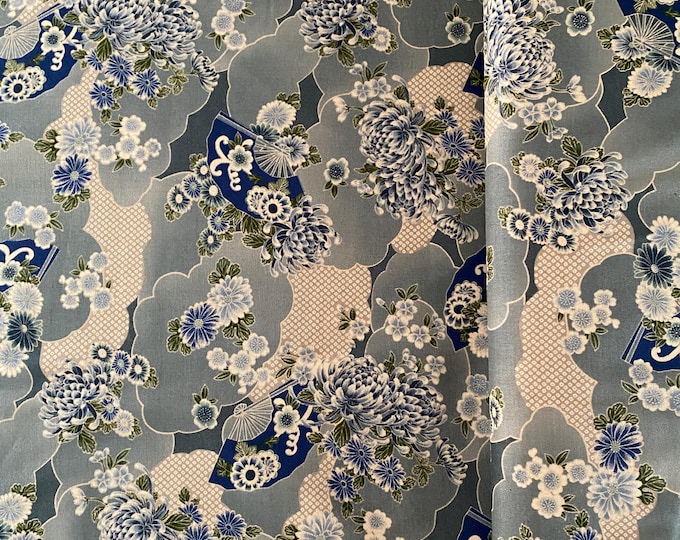 Antique Japan series - Fans, Flowers, Clouds - Greens&Creams - Sheeting weight fabric