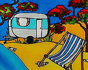 Outdoor garden art on aluminium by New Zealand artist Jo May - New Zealand Camping #152 -  small 49.5 x 16.7 cm