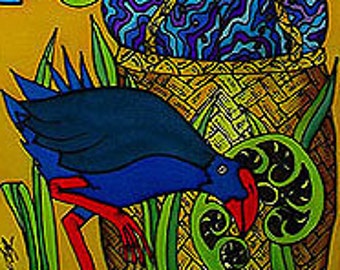 Outdoor garden art on aluminium by New Zealand artist Jo May - Rangitoto Island and Pukeko #145 -   small 49.5 x 16.7 cm