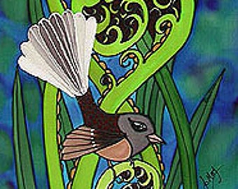Outdoor garden art on aluminium by New Zealand artist Jo May - Fantails in Koru fern ( Piwakawaka) #450 - small 49.5 x 16.7 cm