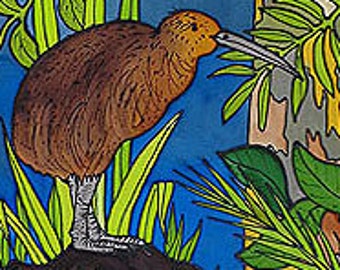 Outdoor garden art on aluminium by New Zealand artist Jo May-  Kiwi in Kauri Forest #413  - small 49.5 x 16.7 cm