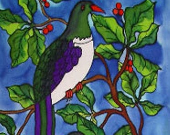 Outdoor garden art on aluminium by New Zealand artist Jo May - Kereru in Puriri Tree #440 (NZ Woodpidgeon) -  small 49.5 x 16.7 cm