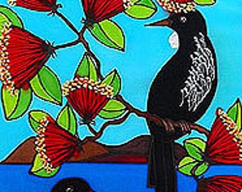 Outdoor garden art on aluminium by New Zealand artist Jo May - Tuis in Pohutakawa #104 -  small 49.5 x 16.7 cm
