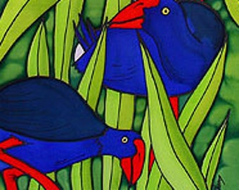 Outdoor garden art on aluminium by New Zealand artist Jo May - Pukekos #461 -  small 49.5 x 16.7 cm