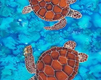 Original silk painting - "Turtles".  New Zealand. Hand painted on pure silk