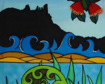 Outdoor garden art on aluminium by New Zealand artist Jo May-  Tui, Mt Manaia #674  - small 49.5 x 16.7 cm