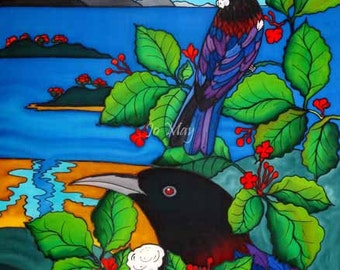 Tui in Pururi - beautiful art print by New Zealand artist Jo May, Fits A4 size frame or smaller wrapped. #1994