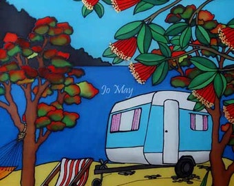 Camping, Waipu Cove - beautiful art print by New Zealand artist Jo May, fits up to A4 Frame #1974
