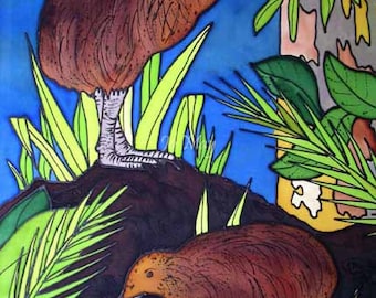 Kiwis and Kauri- beautiful art print by New Zealand artist Jo May, Fits up to A4 size frame wrapped, #1714