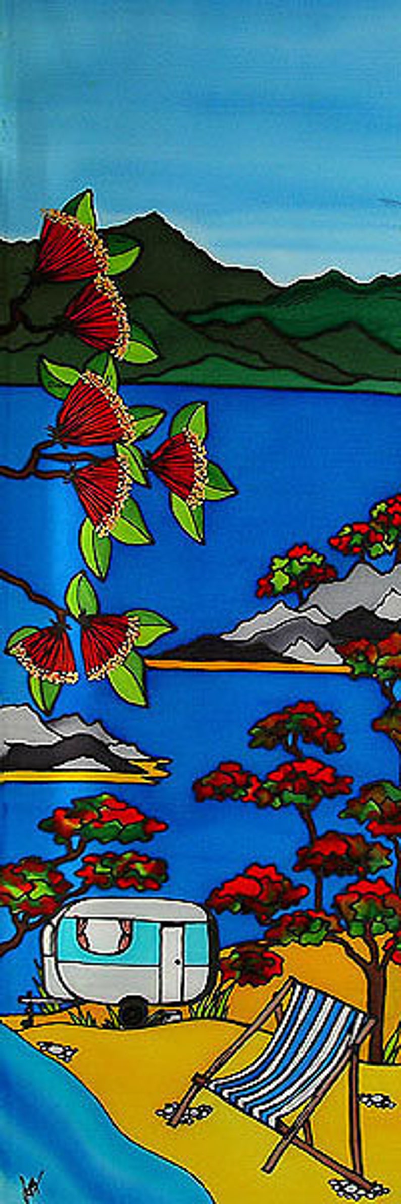 Outdoor garden art on aluminium by New Zealand artist Jo May small 49.5 x 16.7 cm New Zealand Camping #152