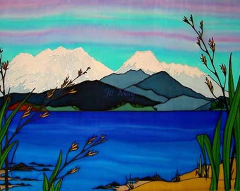 Lake Taupo & Mountains, beautiful art print by New Zealand artist Jo May, Fits A4 size frame or smaller wrapped #1495