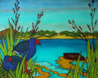 Pukekos at Ngunguru - beautiful art print by New Zealand artist Jo May, fits up to A4 Frame.