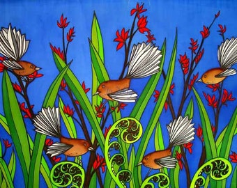 Fantails in flax - beautiful art print by New Zealand artist Jo May, fits up to A4 size frame wrapped, #1502