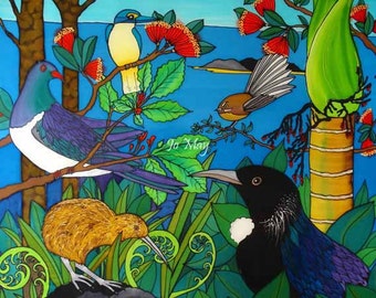 Native Birds, New Zealand- beautiful art print by New Zealand artist Jo May, Fits A4 size frame or smaller wrapped. #2054
