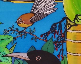 Outdoor garden art on aluminium by New Zealand artist Jo May-  Tui, Fantail & Nikau #676  - small 49.5 x 16.7 cm