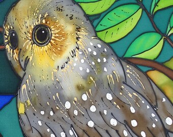 Outdoor garden art on aluminium by New Zealand artist Jo May -  "Ruru - NZ Morepork Owl" #665 small 49.5 x 16.7 cm