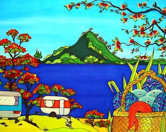 Camping at Pataua South, beautiful art print by New Zealand artist Jo May, fits  up to A4 Frame #1464