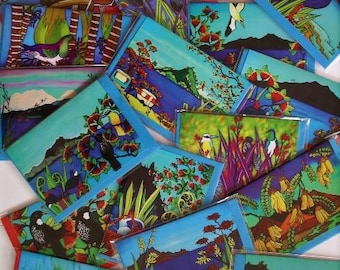Art greeting cards, set of 10 assorted with beautiful bright New Zealand art by artist Jo May, 15cm x 10.5cm frontage,  blank inside