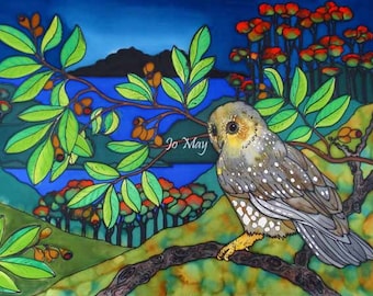 Ruru - NZ Morepork Owl - beautiful art print by New Zealand artist Jo May, up to A4 size frame, wrapped. #2018
