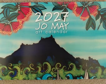 2027 Art Calendar with bright New Zealand art by Jo May, to fit into A4 envelope, 42cm x 30cm when open