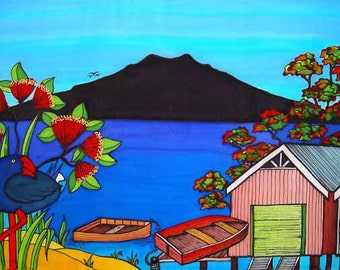 Rangitoto Island - beautiful art print by New Zealand artist Jo May, fits up to A4 Frame  #1465