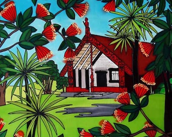 Waitangi Meeting House, beautiful art print by New Zealand artist Jo May, fits  up to A4 Frame #1928