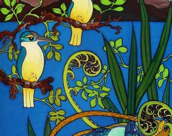 Kingfishers, Koru & Kete beautiful art print by New Zealand artist Jo May, fits  up to A4 Frame #1773