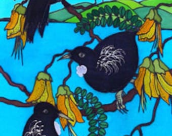 Outdoor garden art on aluminium by New Zealand artist Jo May -  "Tui in Kowhai #356   small 49.5 x 16.7 cm