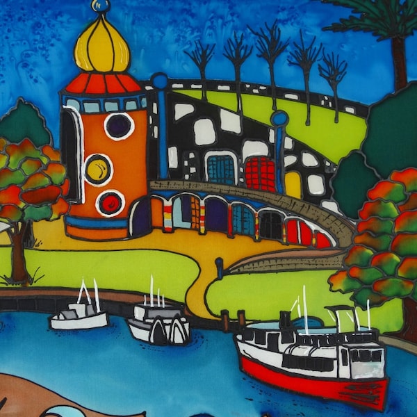 Hundertwasser Art Centre Whangarei #2187 impresión de arte de la artista neozelandesa Jo May, se adapta a marco A4 o más pequeño, sin desvanecimiento,