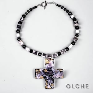 gothic cross pendant choker necklace, large cross, hand painted, black gold silver, unique gift for him for her, Fashion Handmade