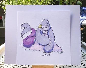 Gorilla zeemeermin illustratie - originele inkttekening - 7x7