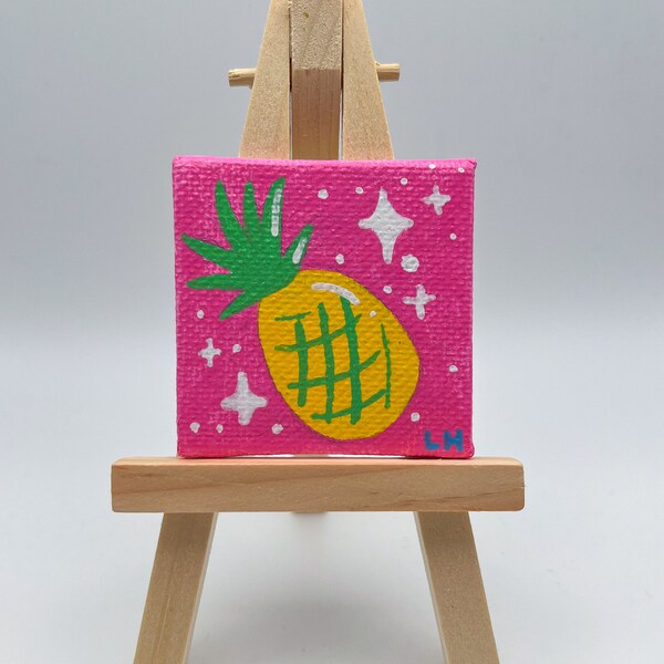 Pineapple Illustration - Original Mini Canvas Painting - 2x2