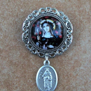 Silver Saint Rose Of Lima Glass Brooch with Saint Medal Drop