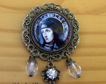 Saint Teresa Of Avila Brooch-Handmade glass cameo-Clear beads and rhinestone drops-vintage style bronze pin-religious brooch