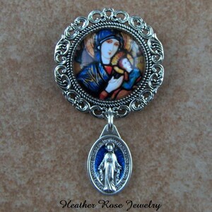 Silver Our Lady Of Perpetual Help Glass Brooch with Saint Medal Drop