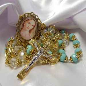 Crystal and Teal Rosary-Handmade Gold Heirloom Rosary-Handcrafted-Virgin Mary Cameo Gold Rosary-Faceted Clear and Teal Capped Glass Bead-