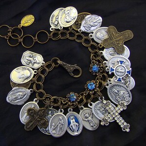 Catholic Charm Bracelet-Full-VIDEO-Collection of Crosses and Saint Medals-Religious charm bracelet-Blue Rhinestones-Vintage Style-Handmade