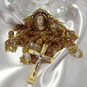 Tan Heirloom Ornate Gold Rosary-2 Tone Crucifix-Virgin Mary Rosary Center-Tan Frosted Capped Glass Beads-Faceted Clear A/b Paters-Handmade